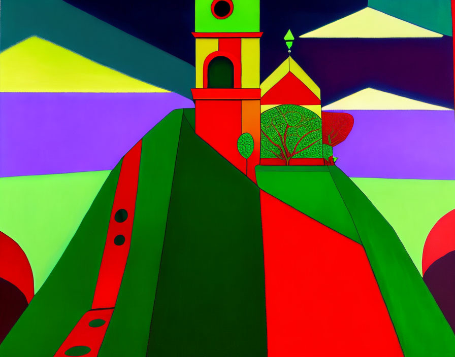 Colorful Abstract Painting: Geometric Shapes, Church-like Building, Stylized Tree