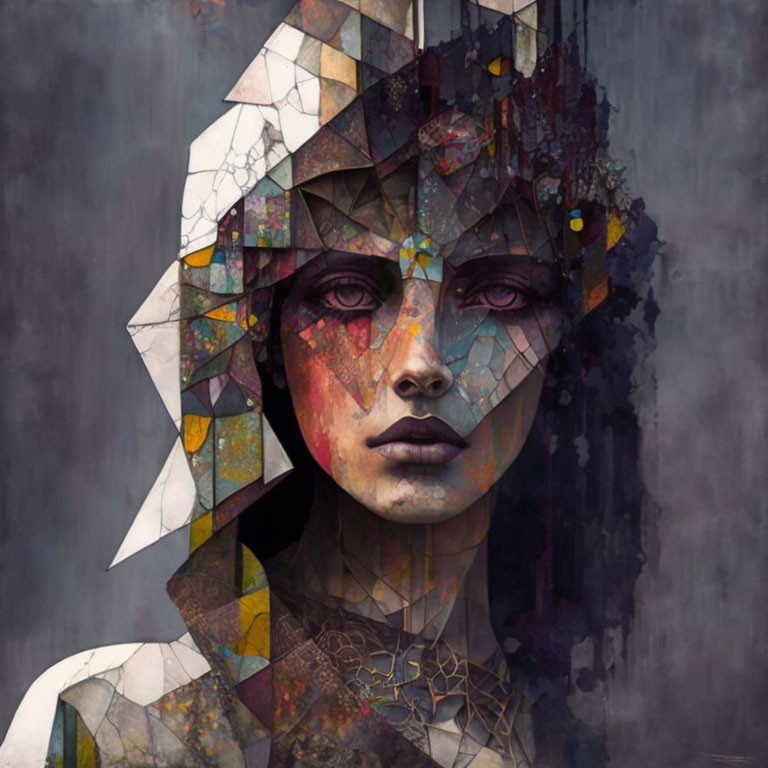 Geometric digital artwork of a woman in gray and muted colors