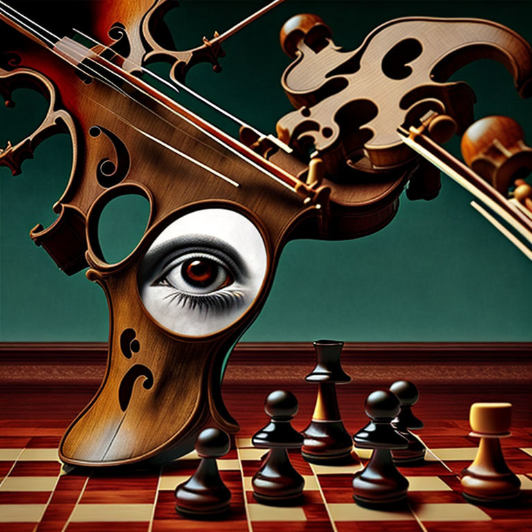 Surreal Violin Image with Human Eye and Chess Pieces