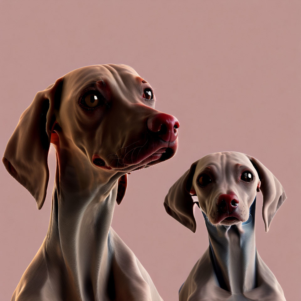 Glossy-coated Weimaraners with expressive eyes on pink background