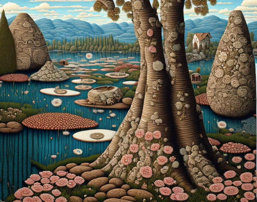 Detailed Stylized Painting of Lush Landscape with Oversized Tree Trunks and Pink Flora