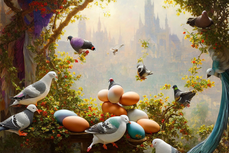 Colorful eggs surrounded by pigeons in fantasy landscape with castle.