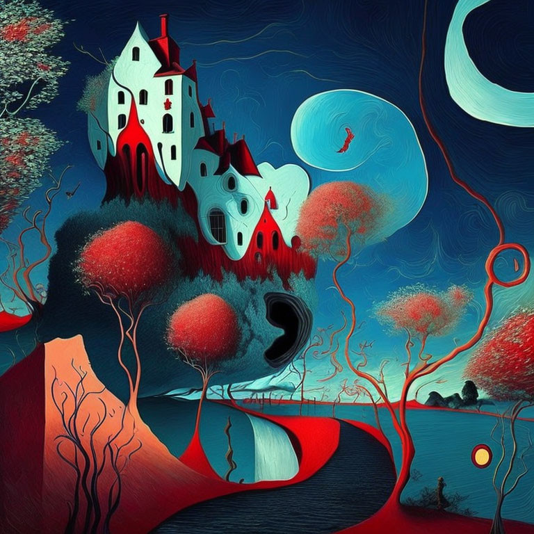 Colorful Landscape with Castle, Red Foliage, Moonlit Sky, and Surreal Elements