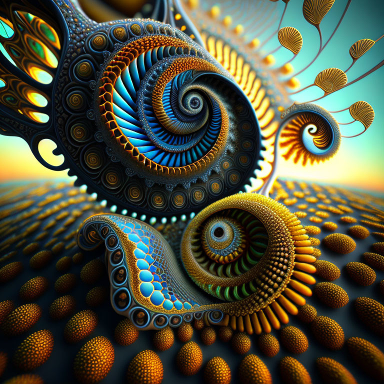 Intricate Spiral Patterns in Golden & Turquoise 3D Fractal