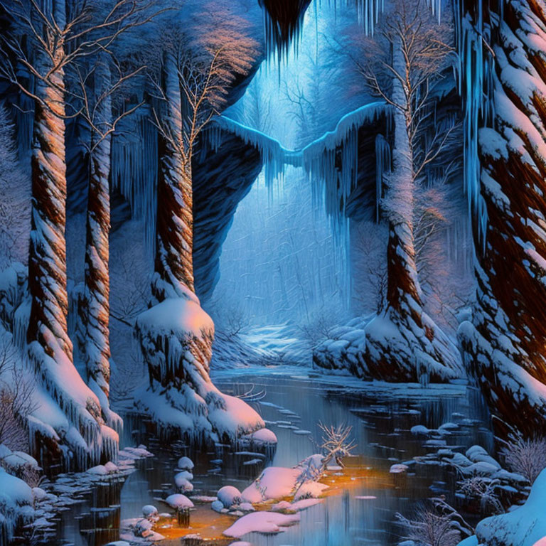 Snow-covered trees, frozen waterfall, serene river in tranquil winter forest