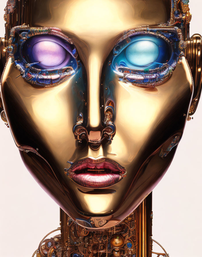 Detailed Golden Robotic Face with Blue Eyes and Human-like Lips