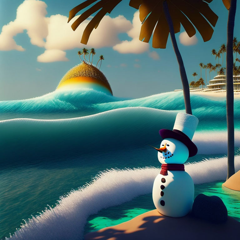 Snowman in top hat and scarf on tropical beach with palm trees