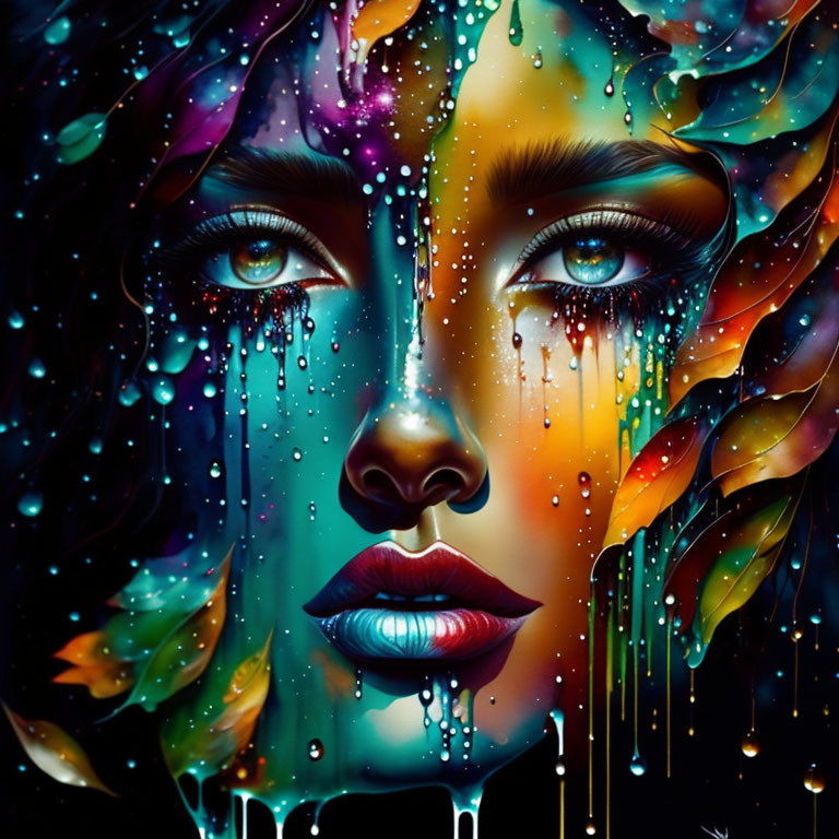 Vibrant surreal portrait of a woman with dripping paint and leaf-like patterns