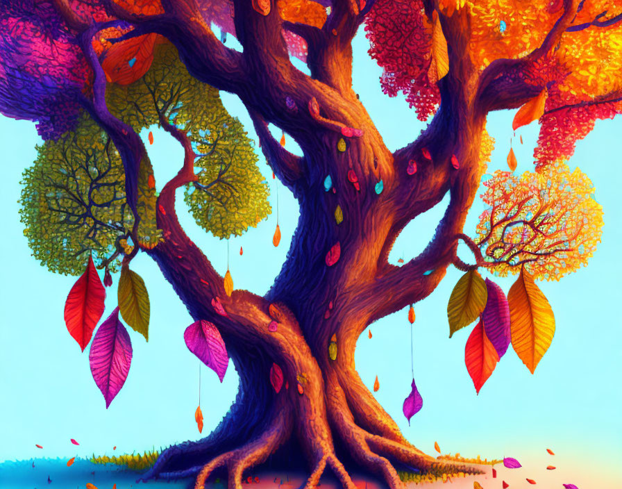 Colorful tree with dripping paint effect under surreal sky