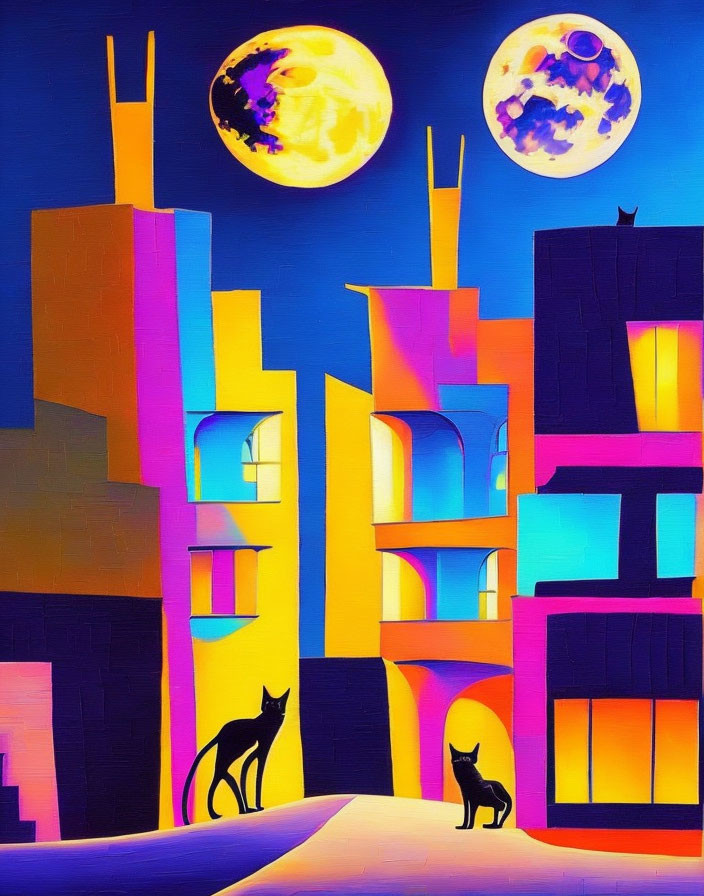 Colorful cityscape painting featuring two cats against glowing buildings under a dual-moon sky