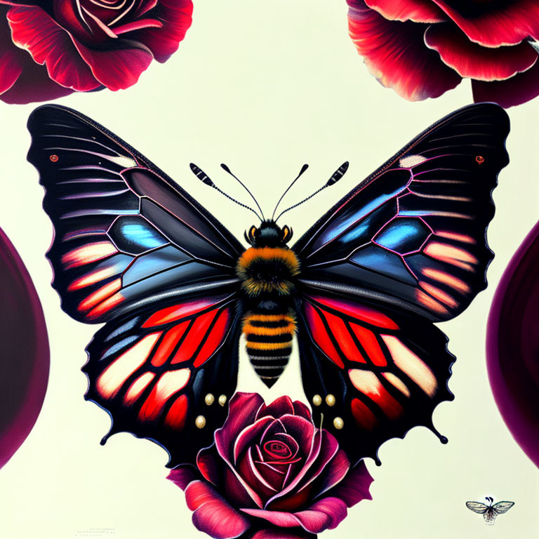 Colorful Butterfly and Roses Artwork with Black, Red, and Blue Wings