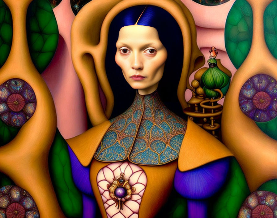 Colorful surreal portrait of woman with blue headpiece and ornate designs