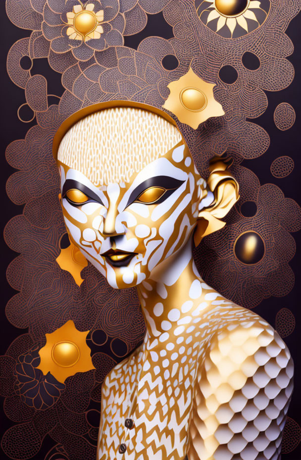 Stylized digital artwork: gold and white figure on dark background