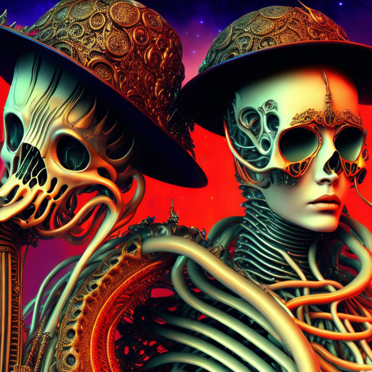 Stylized skeletal figures with ornate hats in cosmic setting