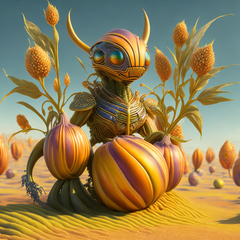 Illustration of bumblebee-like robot on pumpkins in wheat field