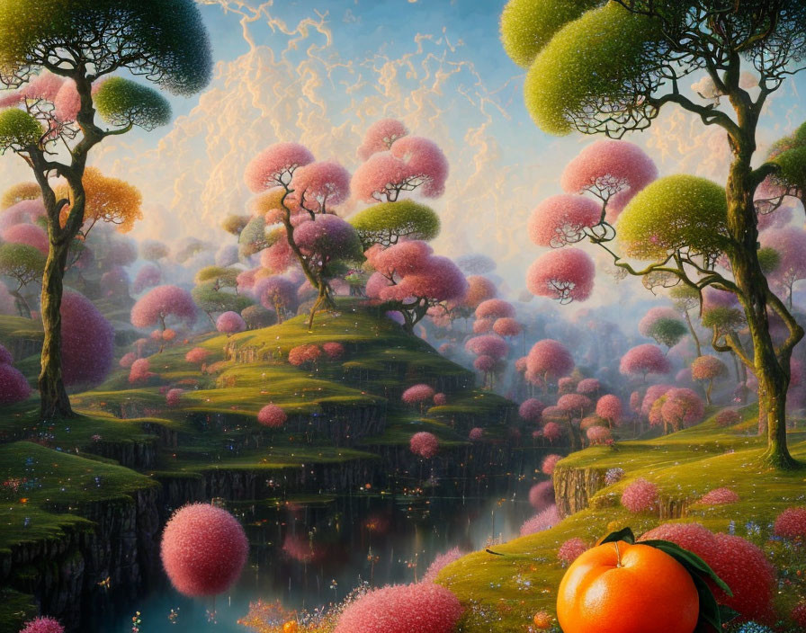 Vibrant fantasy landscape with oversized fruit trees and serene lake