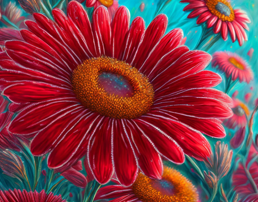 Close-up of red gerbera flower with water droplets, blurred background.