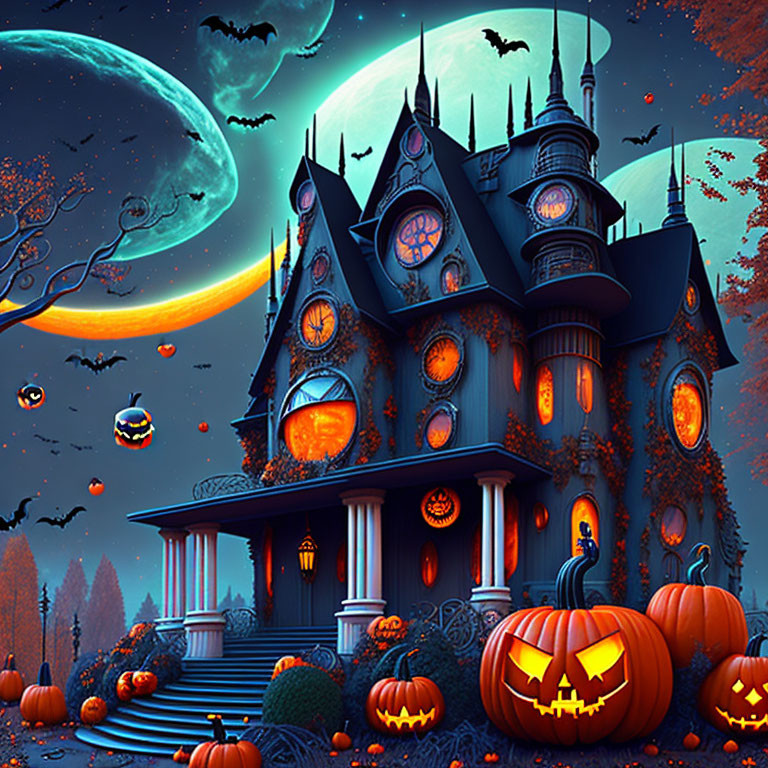 Spooky haunted mansion with glowing windows, jack-o'-lanterns, bats, and moonlit