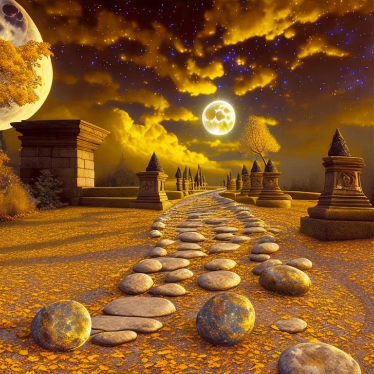 Illuminated Pathway to Ancient Structures Under Two Moons