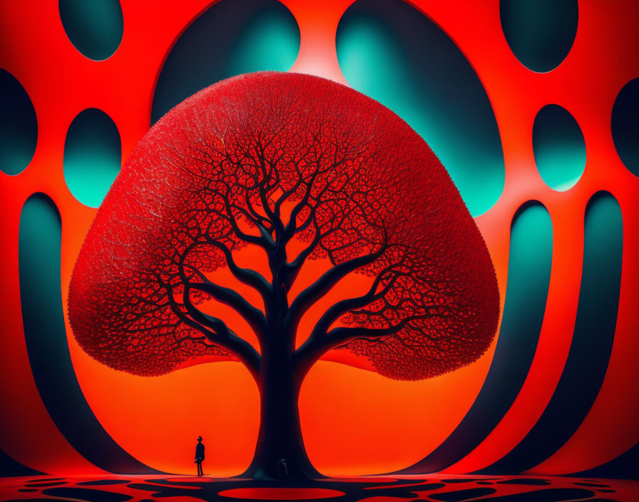 Person standing before vibrant red tree and abstract circular patterns in red and orange