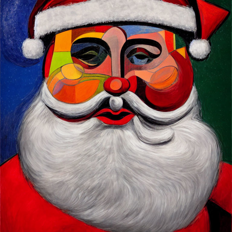 Geometric Santa Claus painting with bold colors and cubist style