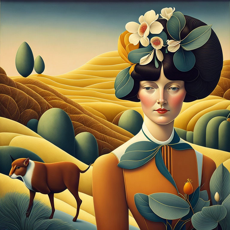 Stylized portrait of woman with botanical hair, serene landscape, and small brown dog