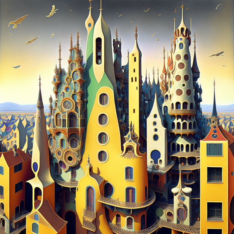 Vibrant surreal architecture with ornate details and fantastical towers.