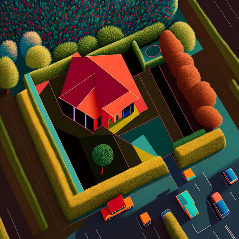 Colorful digital artwork: Aerial view of stylized landscape with red-roofed house, lush