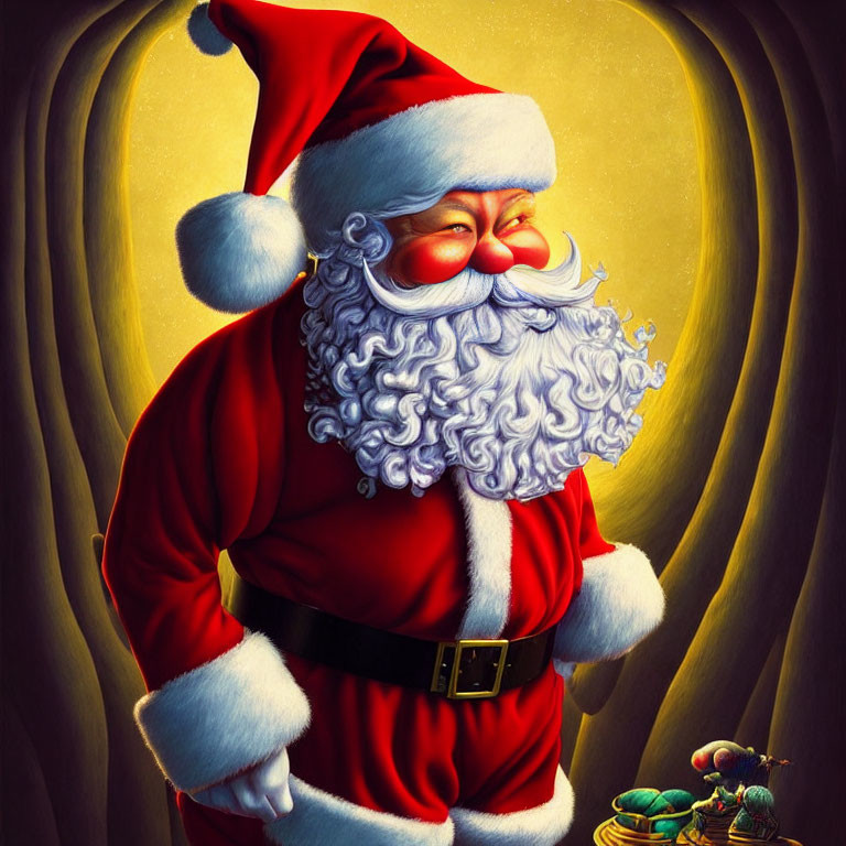 Colorful Santa Claus illustration in red suit and hat on golden background