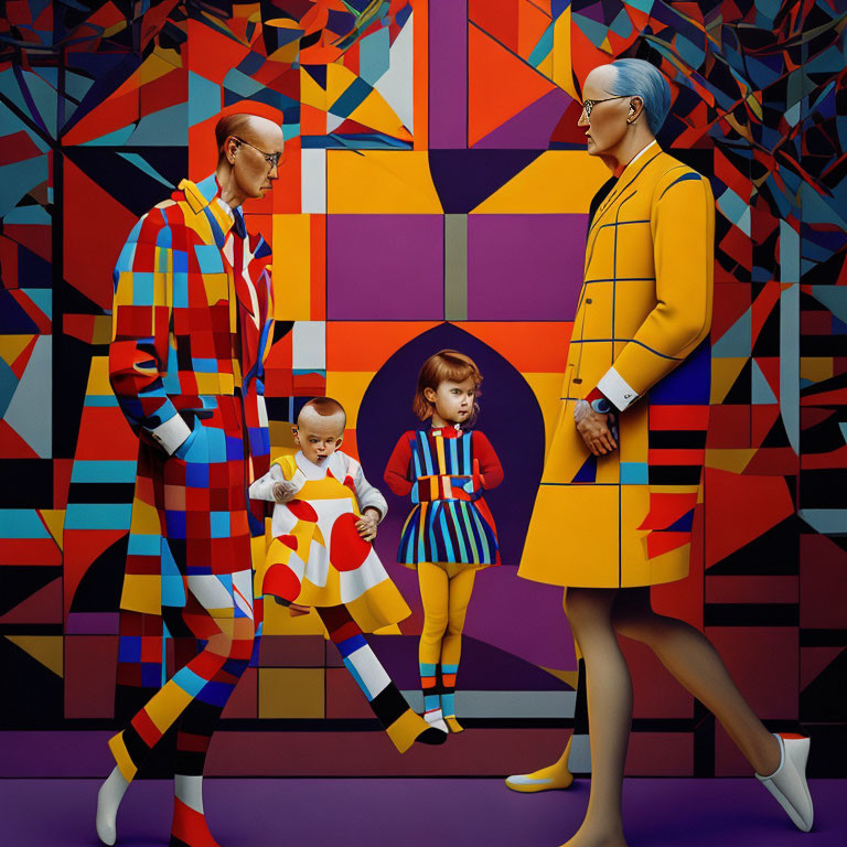 Colorful Stylized Adults with Children in Front of Geometric Background