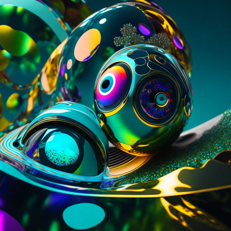 Colorful 3D render: Multicolored spheres on reflective surface