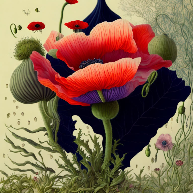 Red Poppy Flower Digital Artwork with Surreal Background