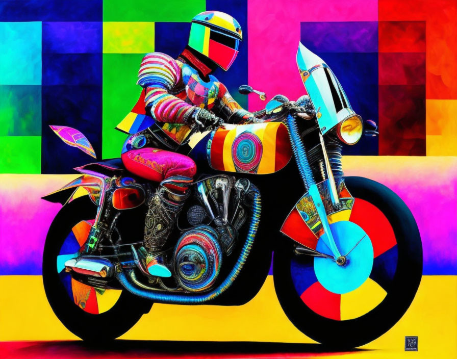 Colorful Motorcycle Rider Artwork with Geometric Background