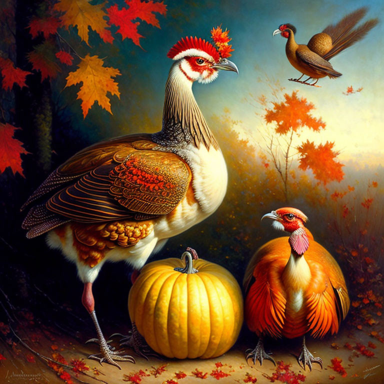 Colorful painting of three pheasants in autumn setting with pumpkins and leaves.