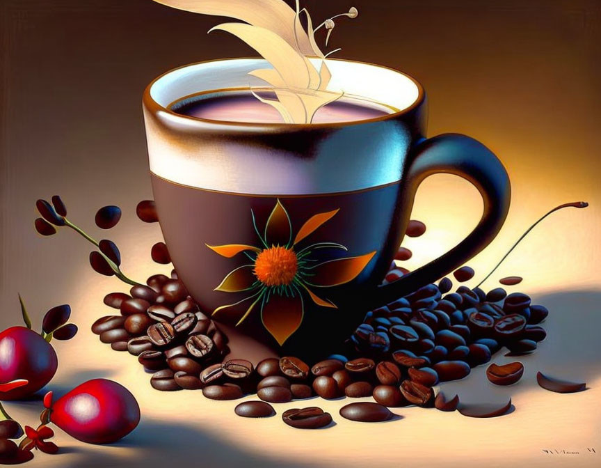 Steaming cup of coffee with floral design and red berries on reflective surface