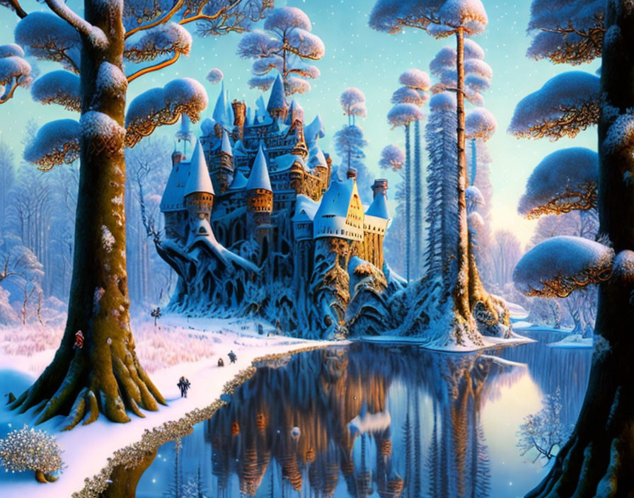 Snowy landscape with castle, trees, lake, and twilight sky