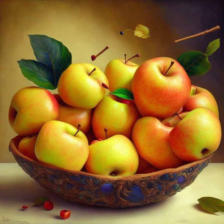 Realistic still life painting with ripe apples, leaves, and insects