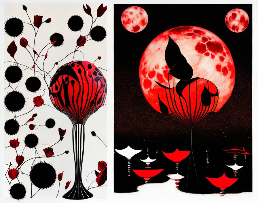 Abstract red, black, and white floral designs & red moon over black landscape with water reflections.