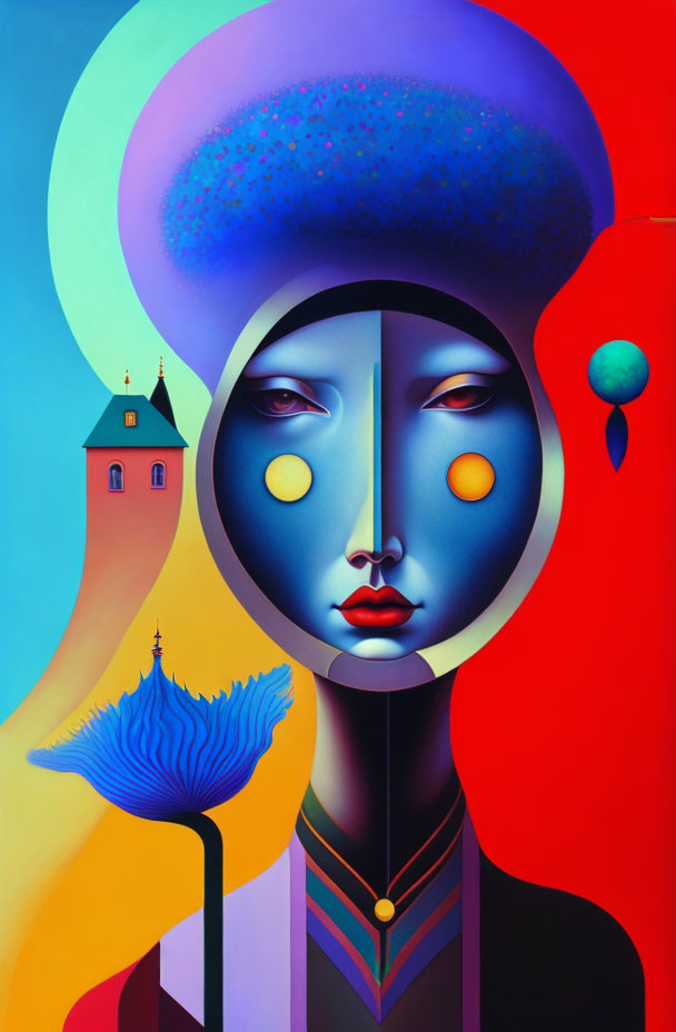 Surrealist portrait of female figure with blue skin and halo against vibrant, colorful backdrop