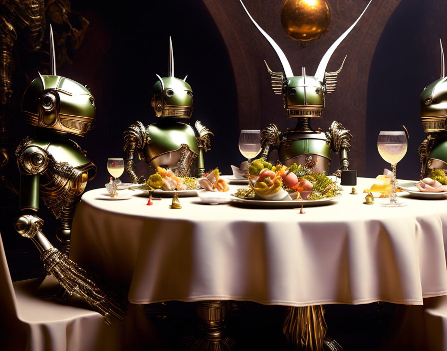 Anthropomorphic robots at elegant dinner table