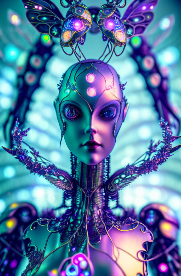 Digital artwork: humanoid figure with butterfly wings, ornate headpiece, on peacock feather backdrop