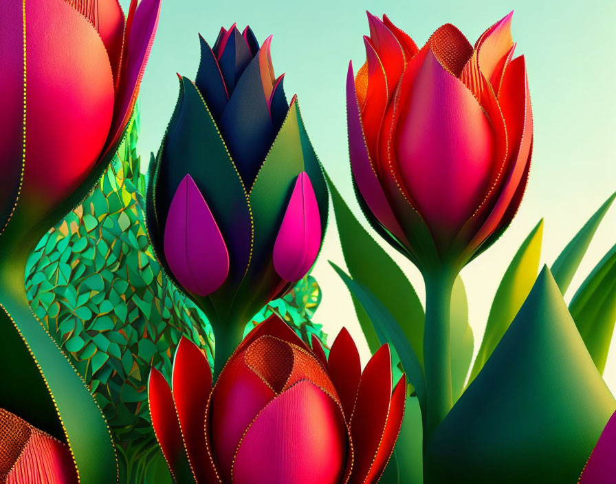 Vibrant digital art of tulips with textured fantasy background