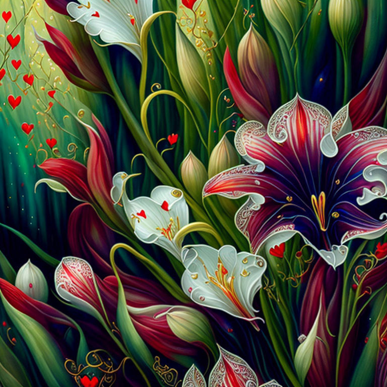 Colorful Stylized Flower Digital Art with Heart-Shaped Patterns