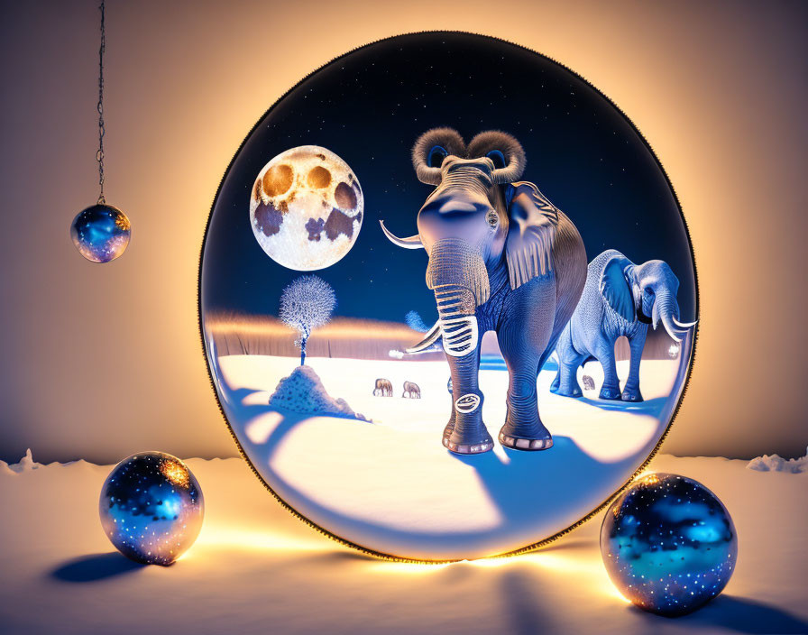 Elephants in circular frame with night sky and cosmic spheres