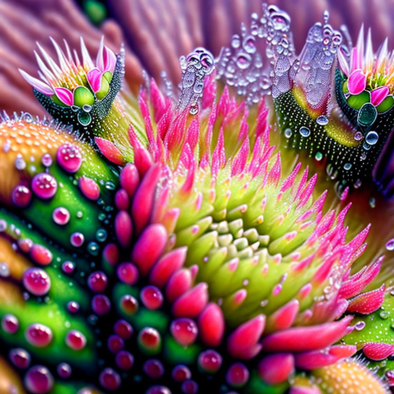 Detailed macro photo of dew-covered plant in pink, green, and orange hues