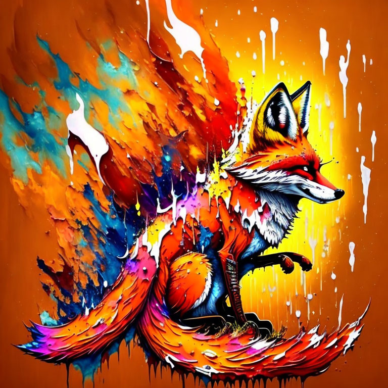 Colorful Fox Artwork with Fiery Abstract Splash Pattern