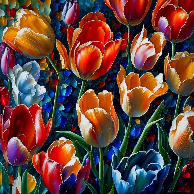 Colorful tulips and flowers painting with warm and cool tones