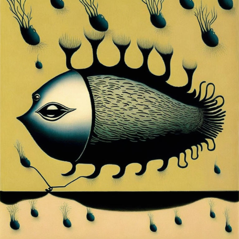 Surreal fish with eyelash-like fins in teardrop shapes on yellow backdrop