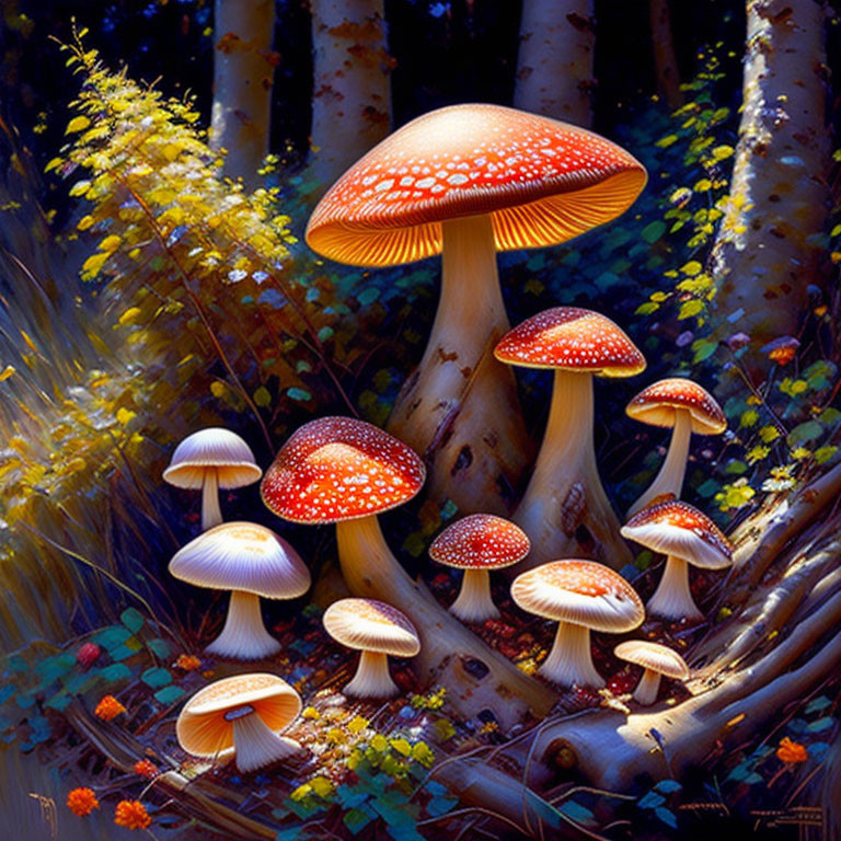 Colorful Mushroom Forest Scene with Birch Trees