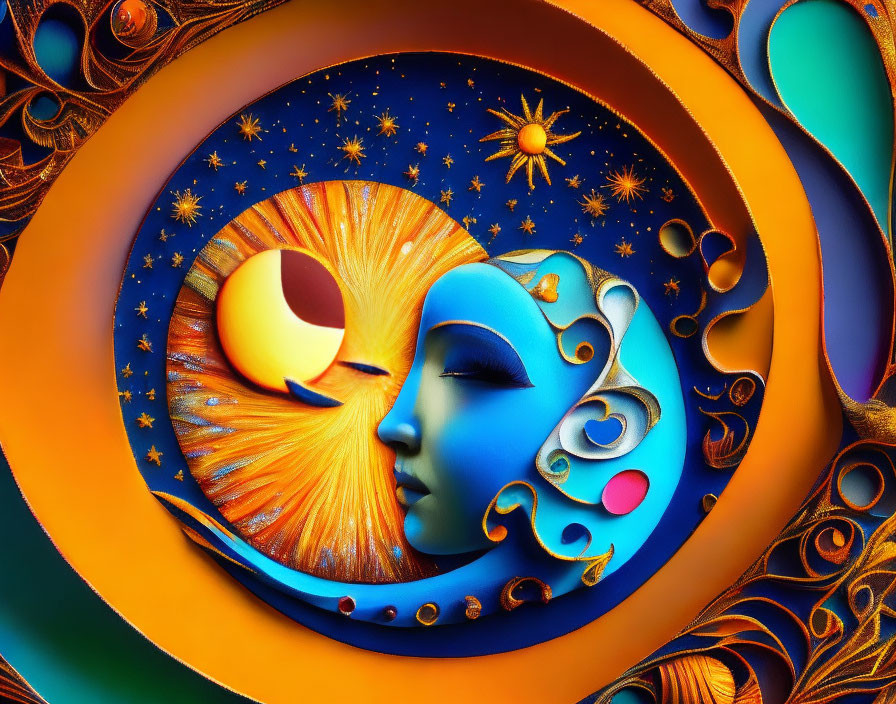 Colorful Surrealist Artwork: Sun, Moon, and Human-like Face in Cosmic Setting